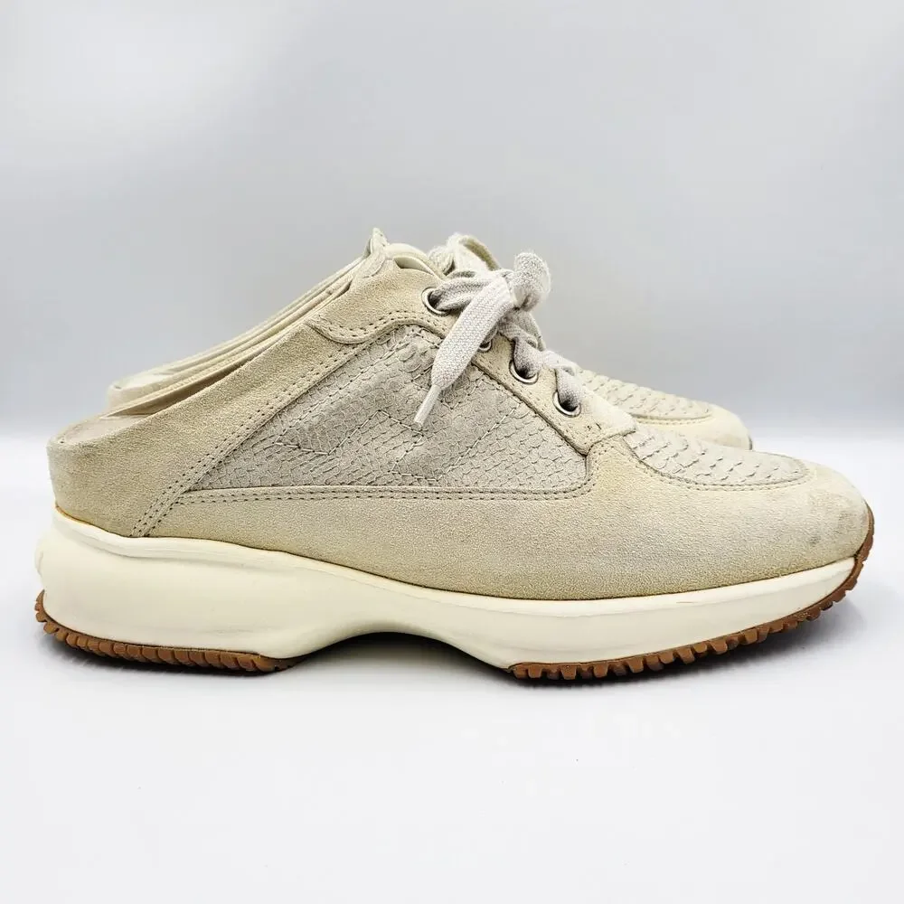 Hogan Interactive Cream Suede Snakeskin Slip On Mule Sneakers Made in Italy 36